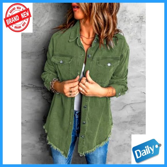 Oversized Denim Shacket with Frayed Hem and Front Pockets - Picture 6 of 7